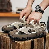 billiga Avslappnade sandaler-Herrsandaler Bruna Mesh-utomhussandaler med justerbara remmar och vadderad sula för vandring, strand och sommaräventyr