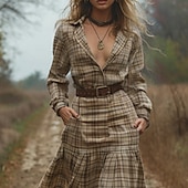 halpa Boho-mekot-Naisten Midimekko Boho-mekko Länsimainen mekko Muoti Klassinen ulko- Loma Bile Normaali Skottiruutukuvio Pitkähihainen Paitapuserokaula-aukko Khaki Kesä