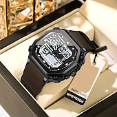 baratos Relógio Automático-Relógio esportivo digital masculino à prova d&#039;água com display LED quadrado, hora dupla, semana e data, pulseira de silicone, relógio de pulso casual