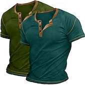 economico Maglietta casual Henley-Maglietta Henley da uomo in 2 pezzi, a maniche corte, semplice, con maniche raglan, alla moda, stile basic, con bottoni, confezione da 2, per vacanza, strada, casual, estate, tutte le stagioni.