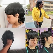 billige Parykker av topp kvalitet-Mullet-parykker for svarte kvinner syntetisk parykk krøllete bølger svalehalefrisyre pixie-frisyre parykk for kvinner mullet lagdelt pixie-frisyre parykk