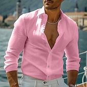 preiswerte Urlaub-Herren Hemd Leinenhemd Freizeithemd Knopfhemd Baumwollhemd Einfach Urlaub Hawaiianisch Schwarz Weiß Rosa Grau Langarm Revers Frühling Herbst Bekleidung