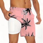 preiswerte Tropische Pflanzen &amp; Blumen-Herren Kokospalme Tropische Pflanzen Gefütterte Shorts 2 in 1 Badeshorts Badeshorts Mittlere Taille Hawaiianisch Strandbekleidung Seitentaschen Mit Kompressionsfutter Elastischer Kordelzug in der