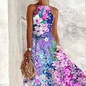ieftine Tipăriți rochii florale-Pentru femei Rochii Midi Rochie florala Rochie cu decolteu Rochie imprimata Modă Modern În aer liber Vacanță Concediu Fit regulat Floare Fără manșon Gâtul halter Mov Vară