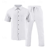 cheap Men&#039;s Tee Sets-Men&#039;s Shirt Suits Shirt and Pant Sets 2 Pieces Outfits Short Sleeve Lapel Summer Plain Fashion Casual 2 Piece Vacation Daily Wear Going out Black White Khaki Top Tee for Men
