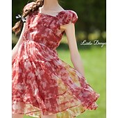 cheap Dresses-Kids Girls&#039; Dress Flower Short Sleeve Outdoor Ruched Fashion Adorable Polyester Knee-length Casual Dress Floral Dress Summer 4 years+ Red
