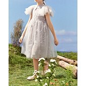 cheap Dresses-Kids Girls&#039; Dress Flower Short Sleeve Outdoor Ruched Mesh Fashion Adorable Nylon Knee-length Casual Dress Tulle Dress Floral Dress Summer 4 years+ Purple