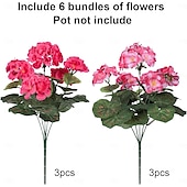 abordables Plantas y Flores Artificiales-6 paquetes de flores artificiales de geranio para decoración al aire libre (maceta no incluida), flores de geranios de seda con aspecto resistente a los rayos UV, plantas artificiales reales para puerta de entrada, jardín, porche, jardinera, patio, balcón