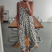 abordables monos casuales-Mujer Normal Mono Ropa de calle Leopardo Sin Mangas Escote en Pico Estampado Calle Noche Ajuste regular Blanco Verano