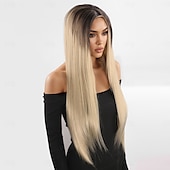levne Syntetické trendy paruky-Syntetická paruka, kudrnaté rovné, yaki rovné, vrstvený střih s ofinou, paruka 32 palců, A1 syntetické vlasy pro ženy, klasické, pohodlné