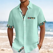 voordelige Vakantie-Voor heren Overhemd Linnen overhemd Zomer overhemd Strand Kleding Overhemd met knopen Effen Kleur Vakantie Curise Zwart Blozend Roze Groen Licht Blauw Korte mouw Kraag Zomer Lente zomer Kleding