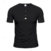 cheap Casual Henley Tee-Men&#039;s T Shirt Henley Shirt Tee Short Sleeve Shirt Short Sleeve V Neck Summer Plain Fashion Designer Basic Jacquard Vacation Street Going out Black White Khaki Top Tee for Men