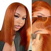 economico Parrucche lace front capelli veri-parrucca bobo corta in pizzo frontale color zenzero, arancione, 13*4, capelli lisci in pizzo, densità 150%
