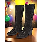 baratos Festa da Vida Noturna-Botas de cowboy femininas com strass - botas pretas de festa estilo western até o joelho com bico fino e salto grosso para festivais de música e eventos noturnos