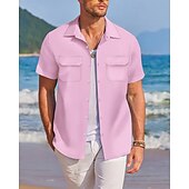 preiswerte Herrenhemd zum Knöpfen-Herren Hemd Sommerhemd Freizeithemd Strandhemd Knopfhemd Rosa Wein Blau Grün Dunkel Blau Kurzarm Streifen Revers Urlaub Hawaiianisch Fronttasche Bekleidung Baumwollmischung Mode Lässig Bequem