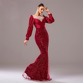 abordables ROUGE-Robe de soirée noire cravate noire robe élégante mariage invité longueur au sol manches longues col rond sequins avec plis