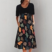 abordables Robes fleuries élégantes-Femmes Robe Midi Robe Imprimée Classique Extérieur Vacances Sortir Coupe régulière Fleur Manche Courte Col ras du cou Noir Été