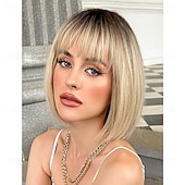 levne starší paruka-Blond bob paruky pro ženy, syntetická paruka s ofinou