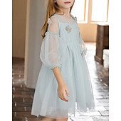 abordables Robes-Enfants Fille Robe Couleur Unie Manche 3/4 Extérieur Maille Adorable Coton Mi-long Robe Décontractée Robe en Tulle Été 4 ans et + Bleu Ciel