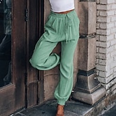 abordables jambe large et taille haute-Femmes Slacks Pantalons Occasionnel Longueur complète Naturel Uni Avec Poches Conception à cordon élastique Confortable Extérieur Fête Décontracté Quotidien Week-end Vin Noir Vert Claire Vert Véronèse