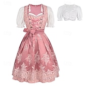 abordables Conjunto de Dirndl-Women's Bavarian Dirndl Dress Costume with Lace Apron and Blouse Pink Satin Embroidery Outfit for Oktoberfest Festival