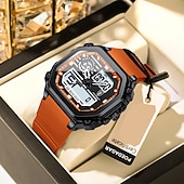 baratos Relógio Automático-Relógio esportivo digital masculino à prova d&#039;água com display LED quadrado, hora dupla, semana e data, pulseira de silicone, relógio de pulso casual