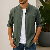 abordables Camisa de lino y algodón-Hombre Camisa Camisa de lino Camisa casual Abotonar la camisa Remera de algodón Plano Vacaciones Calle Negro Blanco Verde Ejército 3/4 Mangas Cuello alto Verano Primavera Ropa Bolsillo delantero