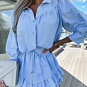 baratos Conjuntos-Mulheres Moda Roupa de rua Camisas de algodão e linho Conjuntos de linho de algodão Conjuntos de shorts Manga Longa Colarinho de Camisa Listrado Imprimir Roupa Diária Encontro Rosa Azul Cinzento Verão