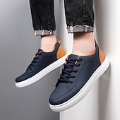 cheap Casual Sneakers-Men's Premium Navy Blue and Orange Faux Leather Sneakers with Fashionable Color Accents for Casual and Athletic Wear
