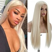 baratos Perucas Sintéticas sem Touca-Peruca loira ombré longa de aparência natural com raízes castanhas, sem cola, para mulheres, cabelo sintético liso e sedoso, resistente ao calor, 28 polegadas