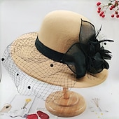 cheap Party Hats-Vintage Fedora Bucket Hat with Removable Mesh Flowers Feathers Elegant Ladies Bowler Hat Winter Warm Wide Brim Church Derby Hat for Wedding Race Banquet