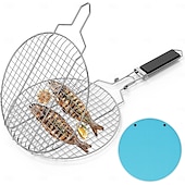 cheap Grills &amp; Outdoor Cooking-Round Portable BBQ Grill Basket, Stainless Steel Fish Grill Rack with Removable Secure Locking Handle, Grill Accessories for Outdoor Grill Vegetables Fishes Shrimp