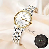 baratos Relógios Quartz-o novo relógio de quartzo luminoso com pulseira de aço com calendário duplo incrustado de diamantes para senhora é um relógio de pulso esportivo simples e versátil