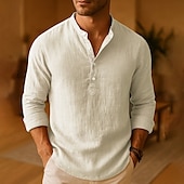 cheap Cotton Linen Shirt-Men&#039;s Shirt Linen Shirt Popover Shirt Casual Shirt Cotton Shirt Plain Vacation Hawaiian Dark Pink Black White Khaki Long Sleeve Band Collar Spring Fall Clothing Apparel