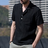 cheap Business Casual-Men&#039;s Shirt Linen Shirt Popover Shirt Summer Shirt Beach Wear Casual Shirt Solid Color Vacation Street Black White Yellow Green Short Sleeve Shirt Collar Summer Spring Clothing Apparel Pocket