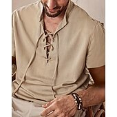 cheap Men&#039;s Casual Shirts-Men&#039;s Shirt Summer Shirt Casual Shirt Beach Shirt Black Apricot Short Sleeve Plain Band Collar Vacation Hawaiian Lace up Clothing Apparel Polyester Fashion Casual Comfortable