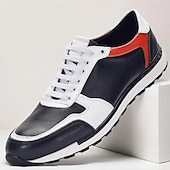 cheap Classic Dress Shoes-Men&#039;s Premium Leather Sneakers – Stylish Lace-Up Running Shoes with Red and White Accents for Sports, Travel and Everyday Wear