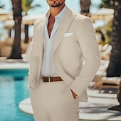 voordelige Strandpakken-heren casual bruiloft linnen pakken zomer narcis beige mode casual effen kleur standaard pasvorm 2-delig enkelrijs éénknoops