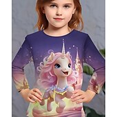 billiga Flickans 3D-tecknad film-Flickor 3D Enhörnings T-shirt Långärmad Vår Höst Mode Grundläggande Barn 4-12 år Rund hals Utomhus Ledigt Dagligen Normal