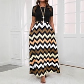 preiswerte Streifen- und geometrisches Kleid-Damen Maxikleid A Linie Kleid Sommerkleid Lässig Täglich Normale Passform Geometrisch Kurzarm Rundhalsausschnitt Gelb Sommer