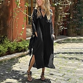 economico Vestito Semplice-Per donna Abito Lungo Maxi Abito Vestito Casual Abito a Tubino Moda All&#039;aperto Feste Ferie Vestibilità regolare Semplice Manica Corta Colletto a Camicia Nero Bianco Blu Estate