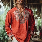 cheap Vacation-Men&#039;s Popover Shirt Summer Shirt Beach Wear Vintage Shirt Ethnic Shirt Floral Vacation Holiday Yellow Blue Orange Brown Long Sleeve V Neck Summer Spring Clothing Apparel