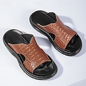 cheap Vacation Sandals-Men&#039;s Copper Faux Leather Slide Sandals with Embossed Crocodile Pattern and Black Cushioned Sole – Stylish Slip-On Sandals for Indoor Lounge, Poolside Relaxation, or Resort Wear