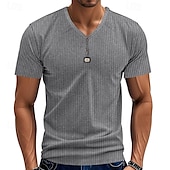 cheap Casual Henley Tee-Men&#039;s T Shirt Henley Shirt Tee Short Sleeve Shirt Short Sleeve V Neck Summer Plain Fashion Designer Basic Jacquard Vacation Street Going out Black White Khaki Top Tee for Men