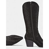 baratos Festa da Vida Noturna-Botas de cowboy femininas com strass - botas pretas de festa estilo western até o joelho com bico fino e salto grosso para festivais de música e eventos noturnos