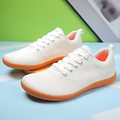 cheap Men&#039;s Sneakers-Men&#039;s White Knit Sneakers with Bright Orange Sole – Breathable Casual Shoes for Running, Outdoor Activities and Urban Style