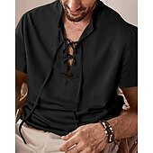 cheap Men&#039;s Casual Shirts-Men&#039;s Shirt Summer Shirt Casual Shirt Beach Shirt Black Apricot Short Sleeve Plain Band Collar Vacation Hawaiian Lace up Clothing Apparel Polyester Fashion Casual Comfortable
