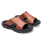 cheap Vacation Sandals-Men&#039;s Copper Faux Leather Slide Sandals with Embossed Crocodile Pattern and Black Cushioned Sole – Stylish Slip-On Sandals for Indoor Lounge, Poolside Relaxation, or Resort Wear
