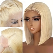 baratos Perucas de seda frontais de cabelo natural-Peruca curta bobo de cabelo humano 613# dourada 13*4 cabelo humano liso densidade 150%