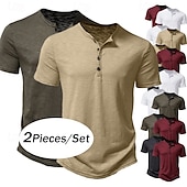 preiswerte Lässiges Henley-T-Shirt-2er-Pack Herren-T-Shirt, Henley-Shirt, kurzärmlig, einfarbig, Designer, Basic, modern, zeitgenössisch, Knöpfe, einfarbig, Henley, Urlaub, Straße, lässig, Sommer, Henley-T-Shirt